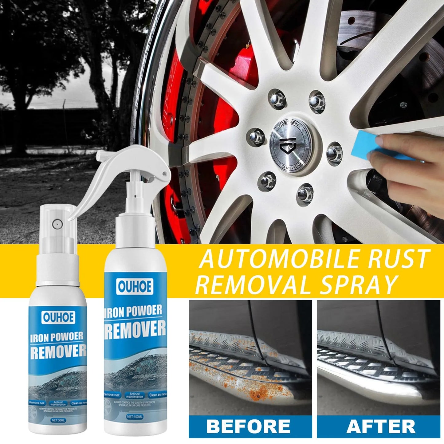 Automotive iron powder rust remover spray bottle with blue square sponge and towel applicators
