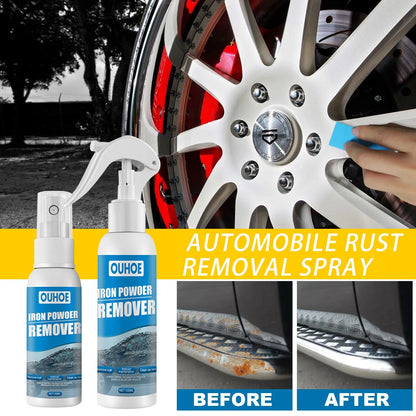 Automotive iron powder rust remover spray bottle with blue square sponge and towel applicators
