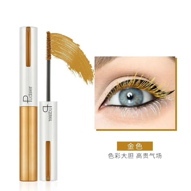 Black waterproof mascara tube with applicator showing curled lash effect