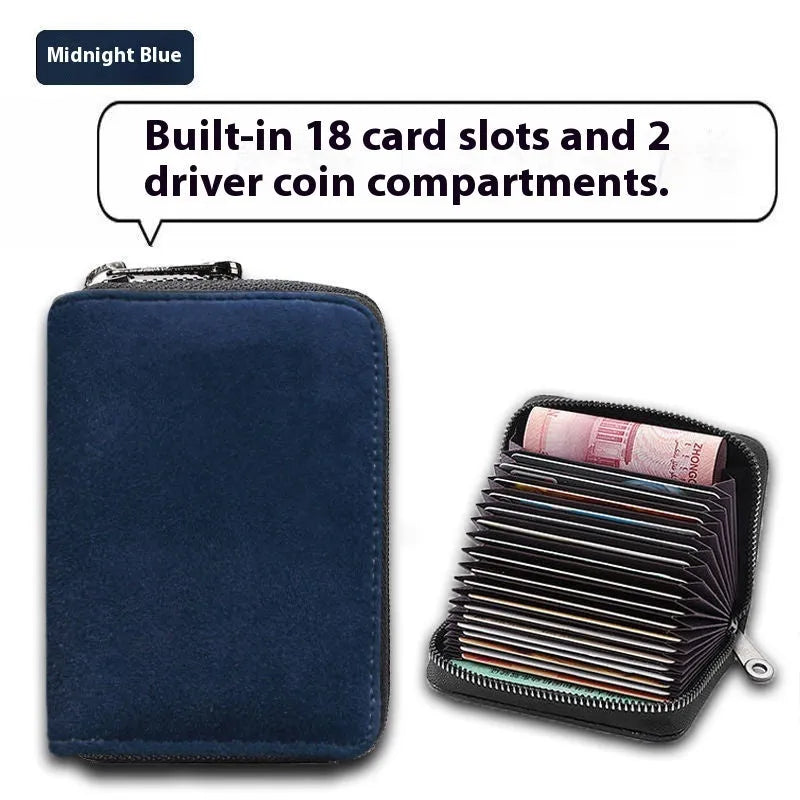 Men's suede-effect PU leather card holder with anti-degaussing protection showing card slots