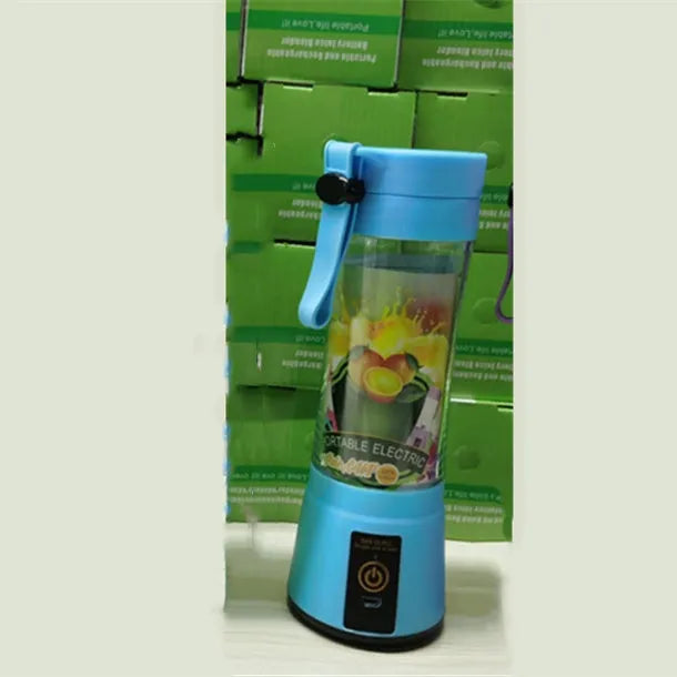 Portable USB blender with six blades in pink colour option showing cup and charging cable