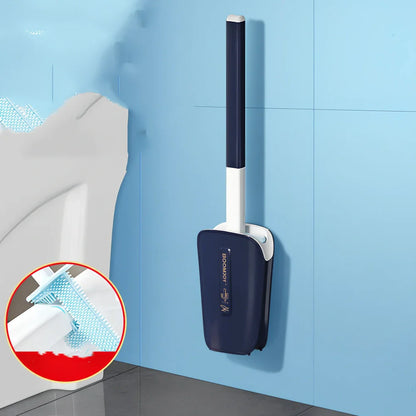 Wall-mounted toilet brush with blue antibacterial TPR head in plastic bucket