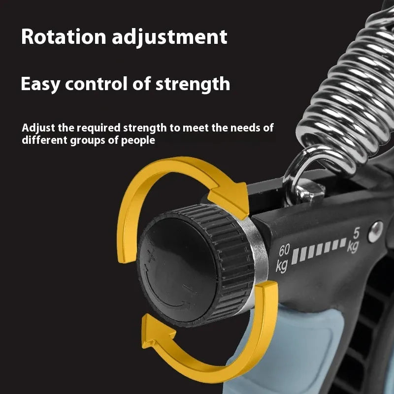 Black seven-piece adjustable grip strength trainer set with finger trainer, egg grip, chart and storage bag