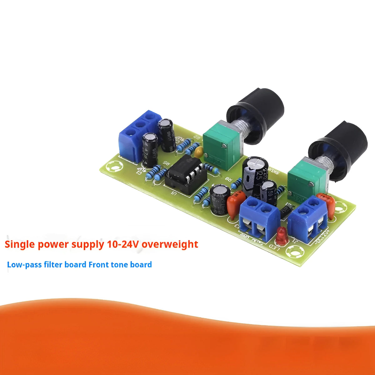 Car audio front stage board with bass boost showing PCB components and mounting holes