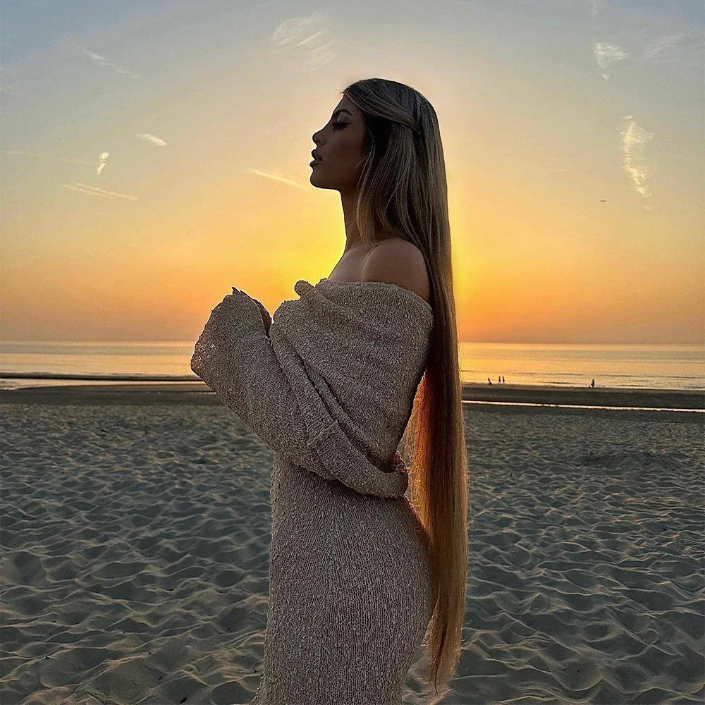 One-shoulder knit maxi dress in various colors, featuring a high-waisted silhouette and flowing skirt for a flattering and stylish look.
