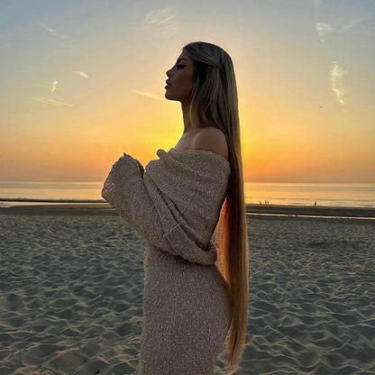 One-shoulder knit maxi dress in various colors, featuring a high-waisted silhouette and flowing skirt for a flattering and stylish look.