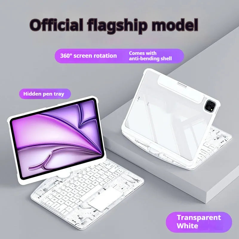 Transparent rotating keyboard case for iPad Air 5 with detachable Bluetooth keyboard open.