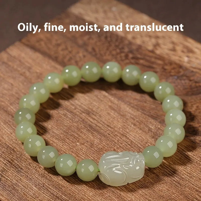Women's polished Hetian jade ethnic bracelet showing 6mm, 8mm, and 10mm bead size options.