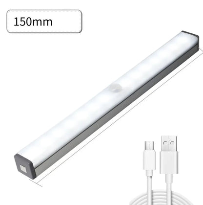A matte aluminium LED closet light with a magnetic back, shown mounted inside a wooden wardrobe.