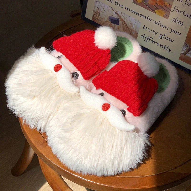 Cozy Christmas Santa Claus-themed slippers in plush material with non-slip soles, available in a range of sizes