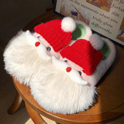 Cozy Christmas Santa Claus-themed slippers in plush material with non-slip soles, available in a range of sizes