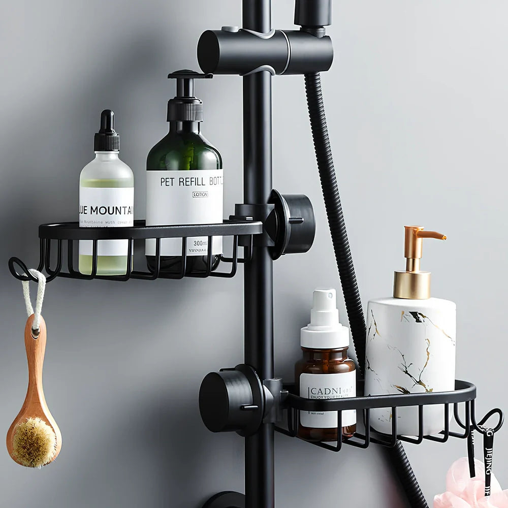 Elegant black aluminium shower storage rack, 12cm deep single shelf mounted on bathroom tile, holding shampoo bottles securely without drilling