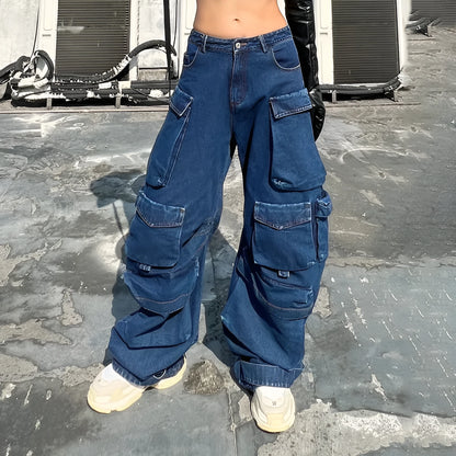 Dark blue distressed wide-leg women's jeans with high waist and multiple pockets on cotton denim fabric