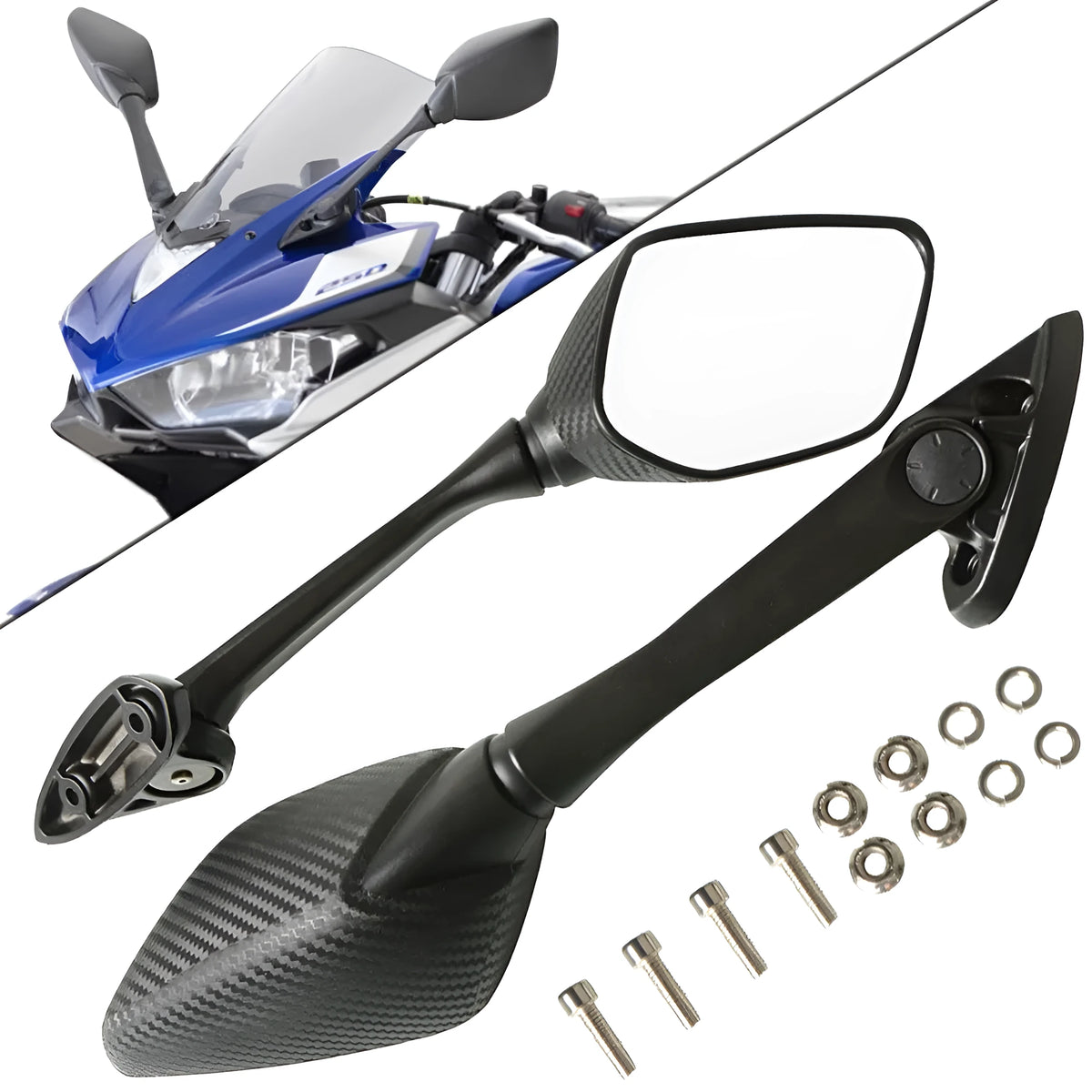 Pair of motorcycle rearview mirrors for Yamaha R3 R25 2013-2017, aluminium rod, ABS shell, black or carbon pattern