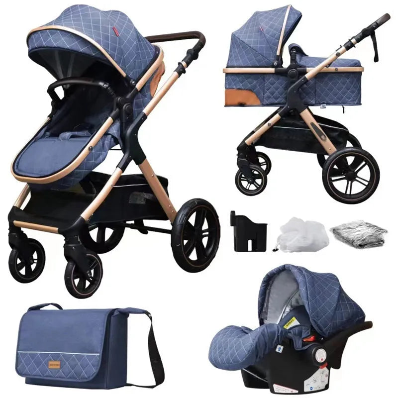 Lightweight folding multi-function baby cart with iron pipe frame, high landscape seat, 15kg load, in khaki or grey