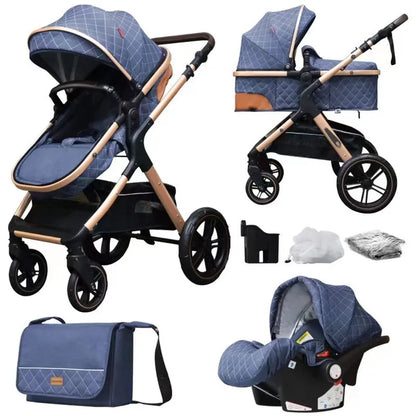 Lightweight folding multi-function baby cart with iron pipe frame, high landscape seat, 15kg load, in khaki or grey