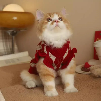 Red cat sweater with rhombic embroidery cherry pattern for autumn and winter wear
