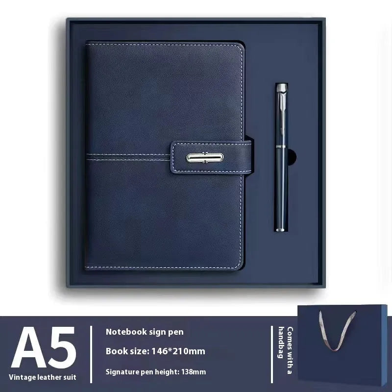 A5 notebook with imitation leather cover in colour options including black, red, green, blue, and orange.