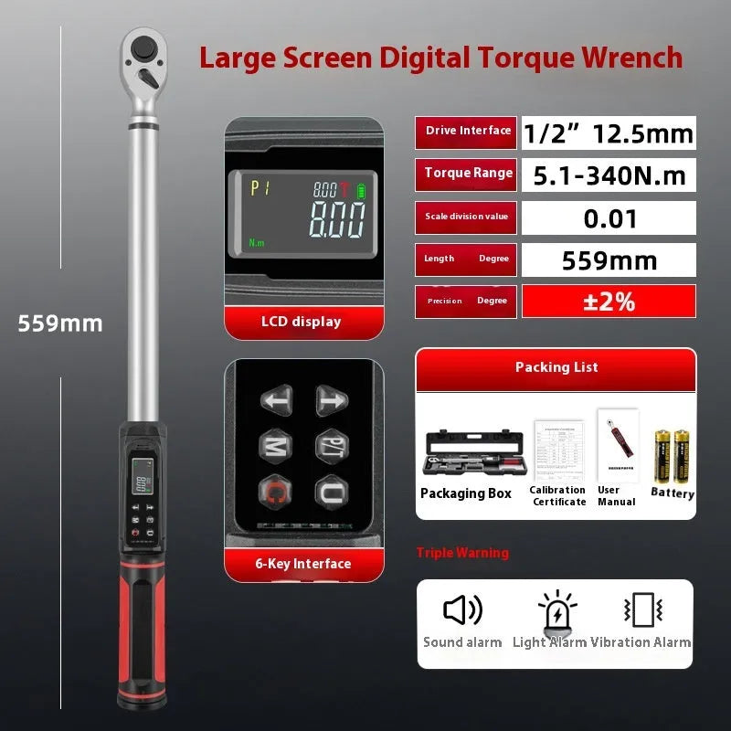 Electronic digital torque wrench with LCD screen showing torque reading, chrome-vanadium steel body