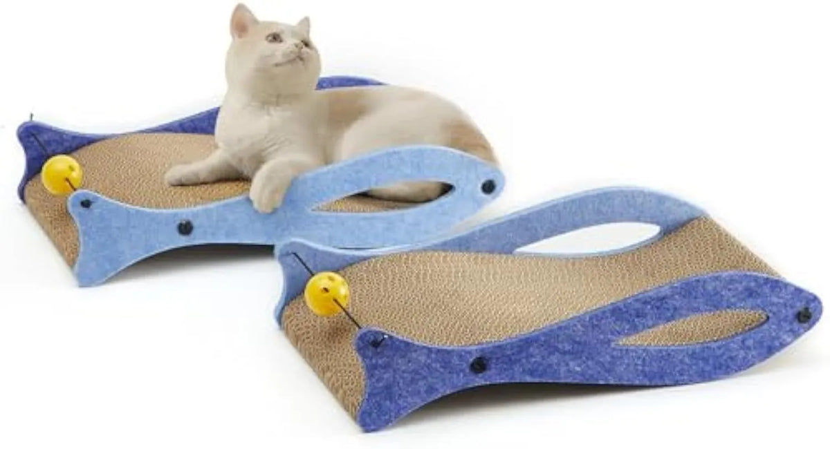 Blue fish-shaped cat scratcher with bell toys on elastic cord, dimensions 46cm by 25cm by 10cm
