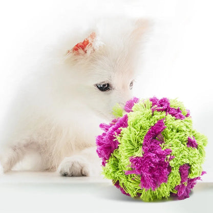 Purple plush dog chew ball toy approximately 15cm diameter for interactive play