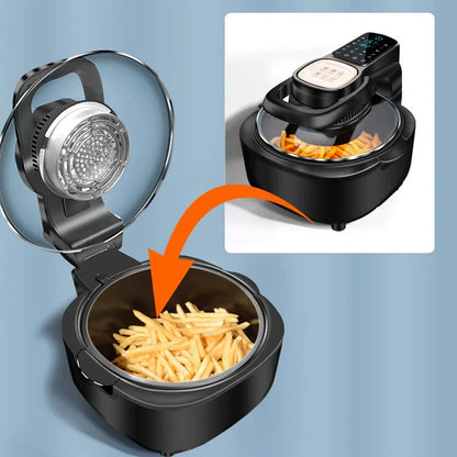 Green 6L air fryer with touch controls, 335x325x295mm dimensions, 1500W power for family cooking