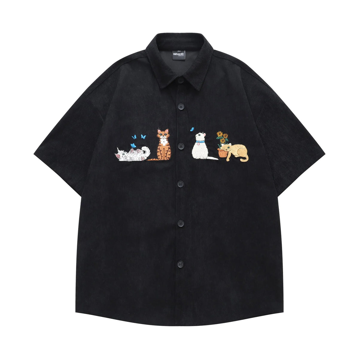 Loose cartoon pattern shirt with embroidery details in apricot, brown, or black