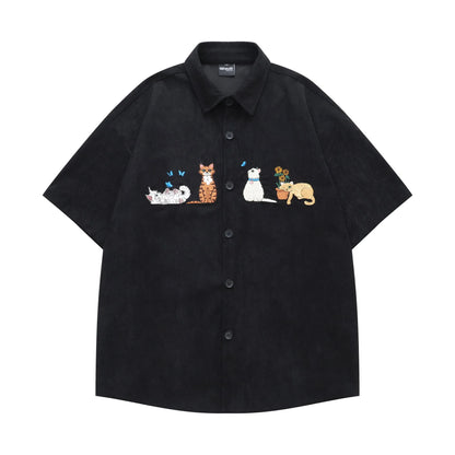 Loose cartoon pattern shirt with embroidery details in apricot, brown, or black