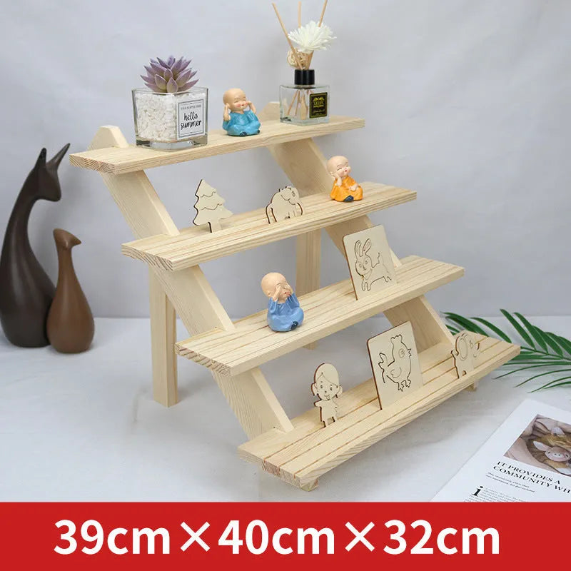 Multi-layer wooden stepped shelf in natural wood or walnut colour, shown in 2 to 5 tier floor-standing versions