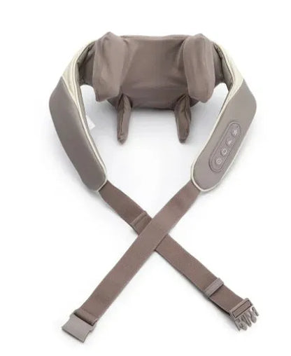 Creamy white rechargeable shoulder and neck kneading massager with USB cable.