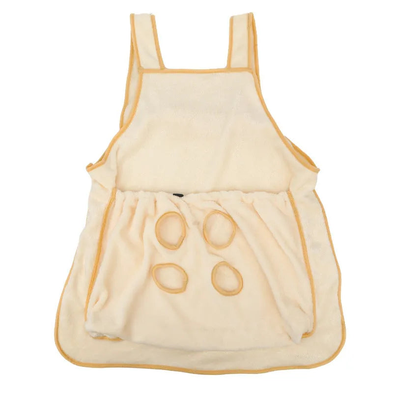 Beige plush pet carrier apron with adjustable neck strap and fresh air opening for small cat or dog