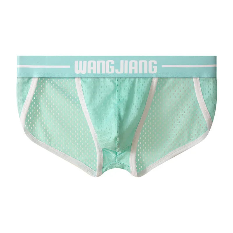 Men's solid colour Ice Silk triangle briefs on a white background, showing the mesh fabric texture.