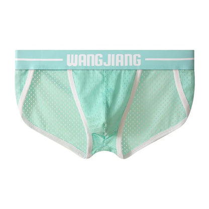 Men's solid colour Ice Silk triangle briefs on a white background, showing the mesh fabric texture.