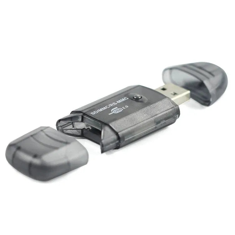 Transparent USB card reader with LED options, measuring 7.5x2.9x1.1 inches, includes card holder and bag