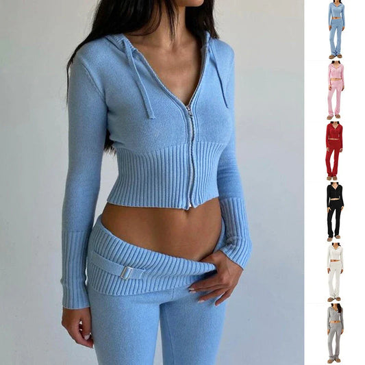 Women's stylish zip-up hoodie and high-waisted pants set in a variety of colors