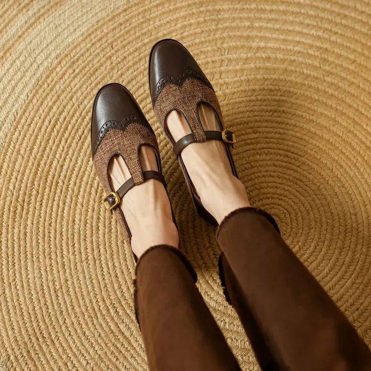 Women's low-cut Mary Jane pumps with chunky 1-3cm heel, T-strap, round toe, cowhide upper, in Black or Tea Brown