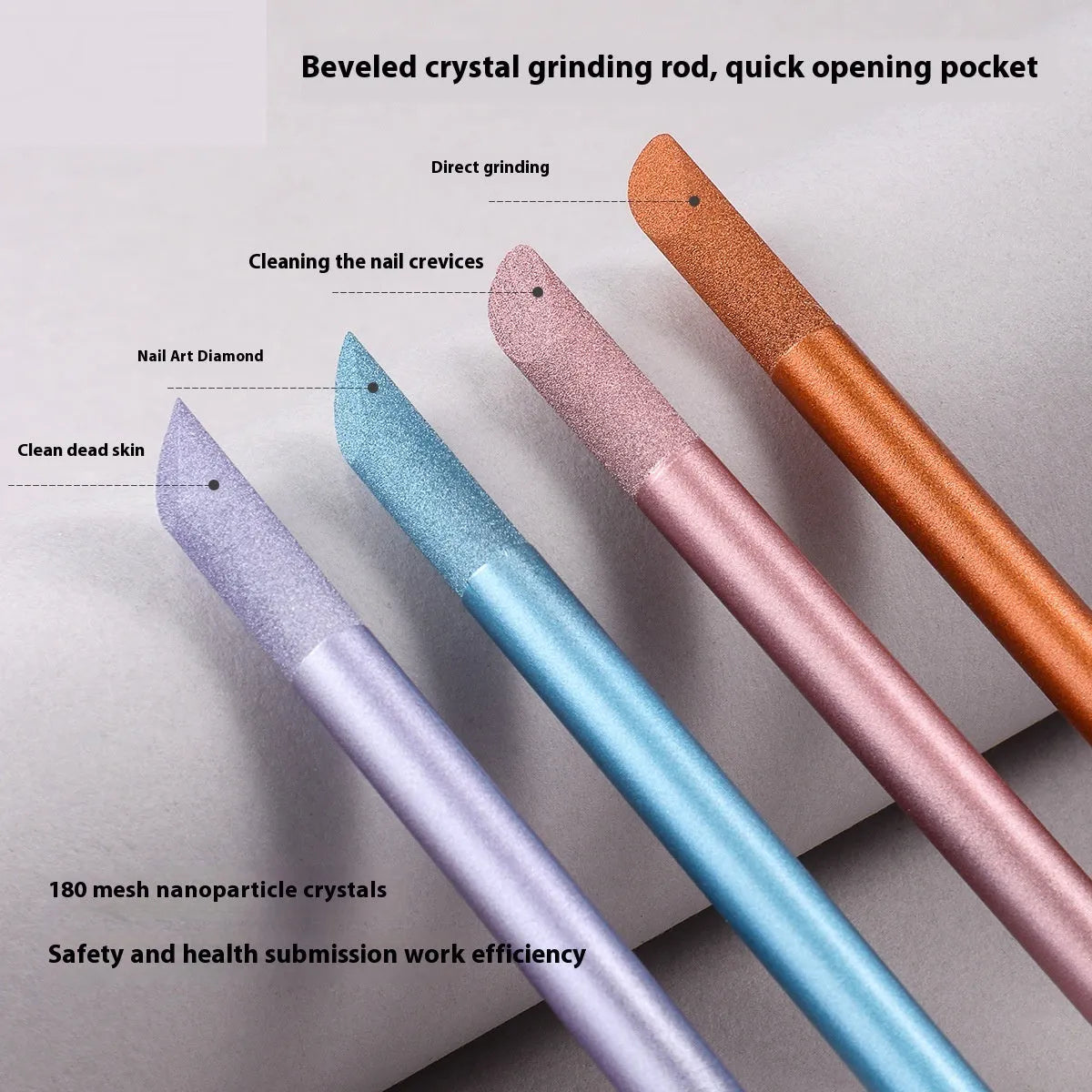 Nano glass nail polishing frotton tool in various solid colours.