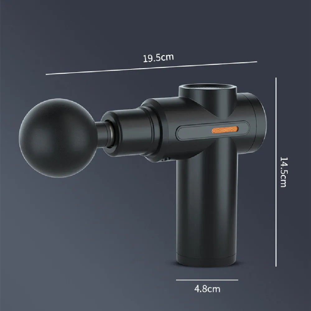 Black electric muscle massage gun with four different coloured massage heads on a grey background.