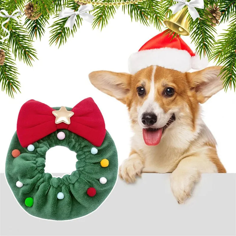 Christmas pet scarf collar with festive red bow-knot design and colourful fuzzy balls, acrylic washable material, four adjustable sizes from 25-45cm neck circumference for dogs and cats, winter holiday party accessory or photo prop
