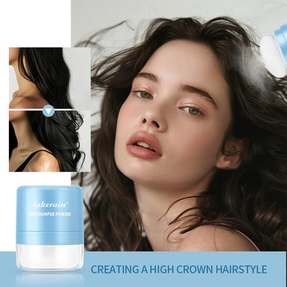 Blue, green, and red sachets of 5g disposable dry shampoo powder with a small mirror for bangs and roots.