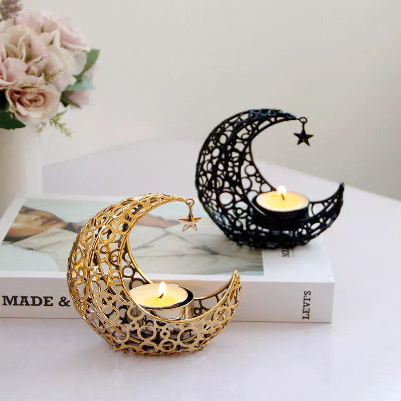 Crescent Moon Star Metal Candle Holder in black or gold, perfect for home decor