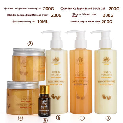Gold Collagen Hand Care Set with five products totalling 1010g content including cleansing gel, scrub, massage cream, hand mask, hand cream and rose oil