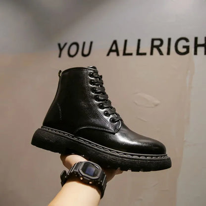 Men's black platform Doc Martens boots with rubber soles, cowhide frosted leather, high-top 8-hole design, and zipper closure.