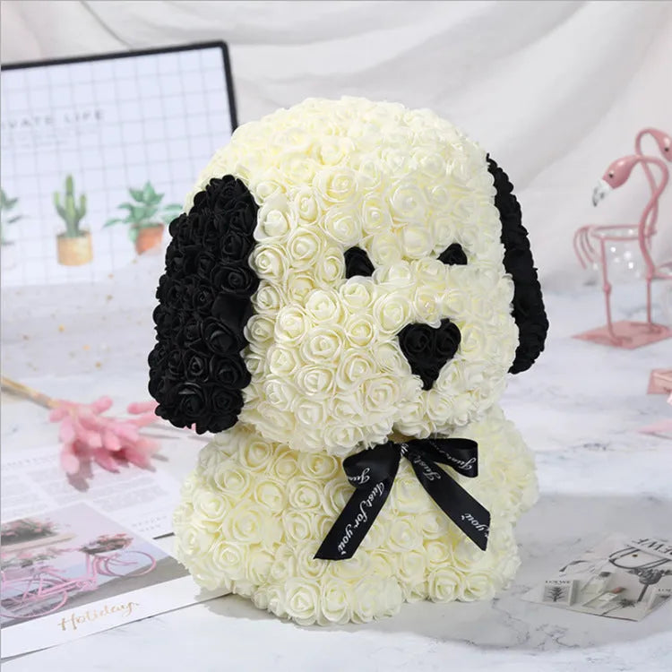 40cm tall plastic rose bouquet with grey pug dog centrepiece and soap flower elements