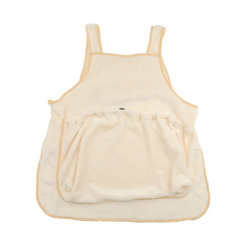 Beige plush pet carrier apron with adjustable neck strap and fresh air opening for small cat or dog