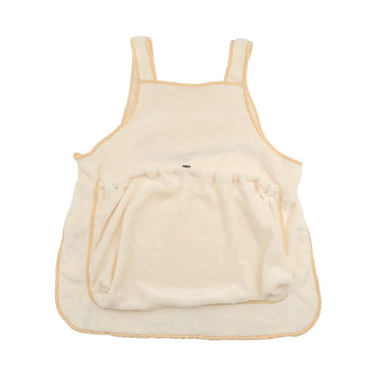 Beige plush pet carrier apron with adjustable neck strap and fresh air opening for small cat or dog