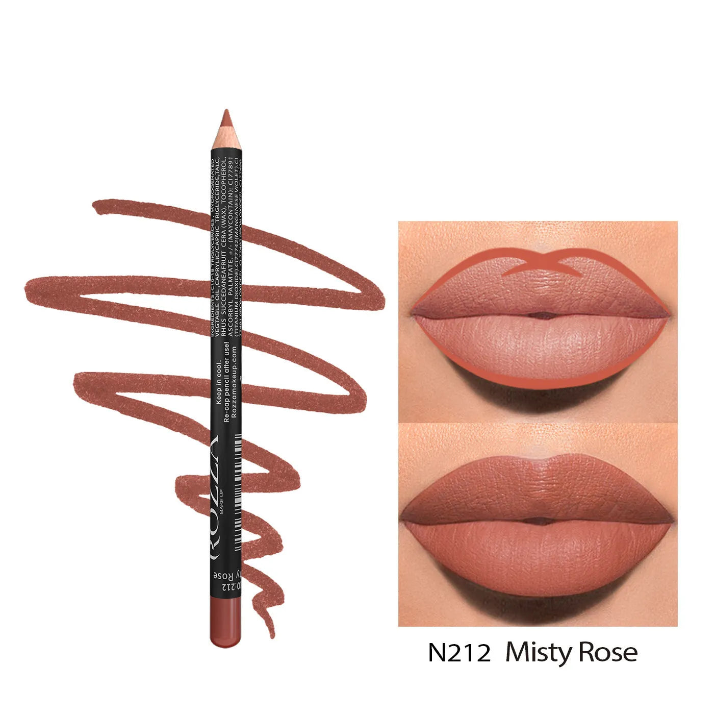 Matte finish lip liner pencil shown in a case, with 14 shade options from 201 to 214 for lip contouring.