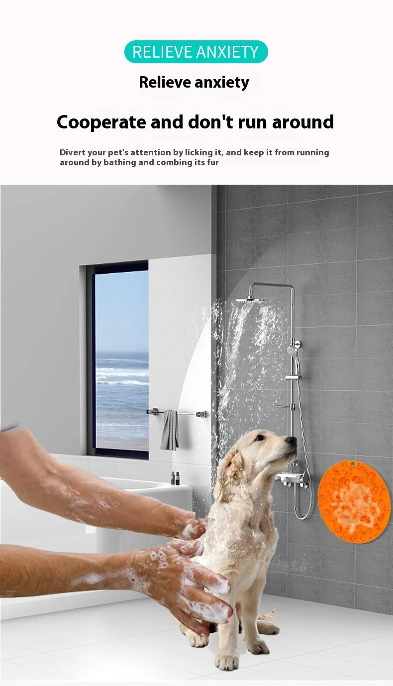 Round blue silicone pet licking mat with textured surface and a clear central suction cup, shown on a tile floor.
