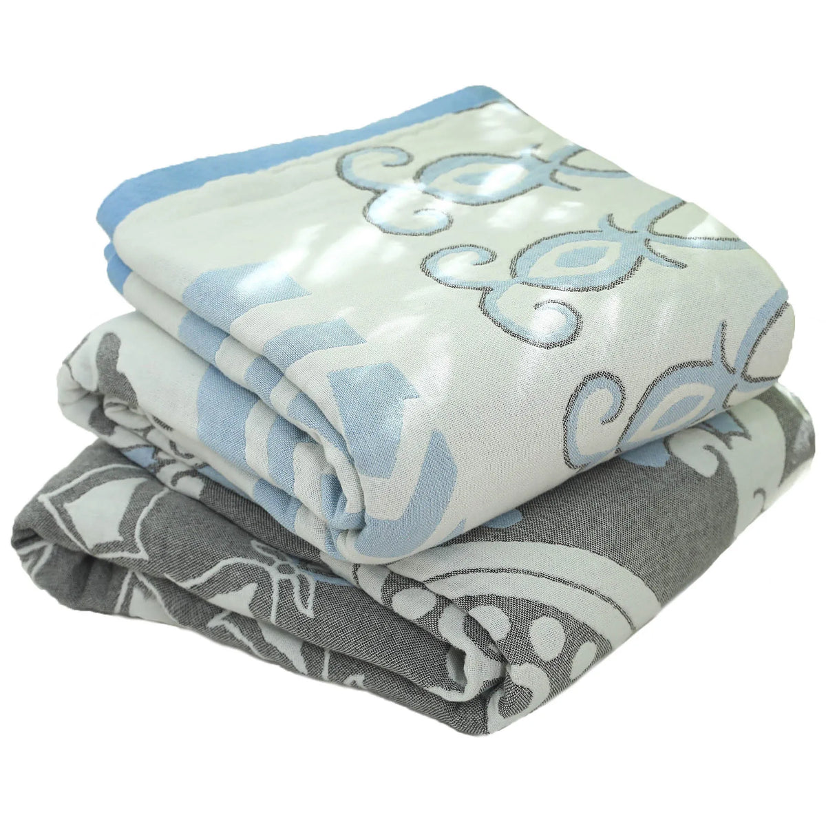 Pure cotton five-layer towel blanket with bohemian plant print, shown in blue or orange, 150x200cm or 200x230cm