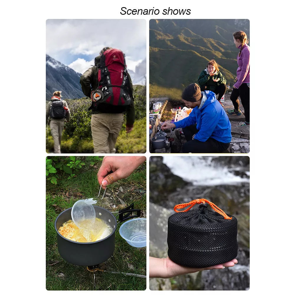 Outdoor camping cookware set with foldable handles for 2-3 people
